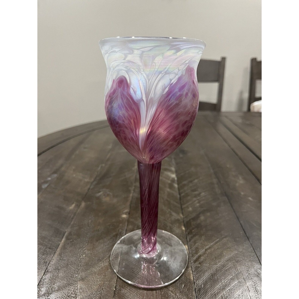 Ron Hinkle Hand Blown Art Glass‎ Pink Iridescence Wine Goblet Signed 2005 8.75"